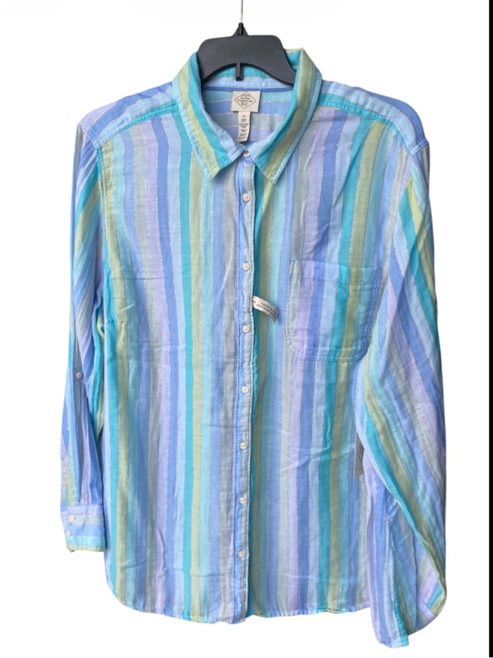 St Johns Bay Womens Medium Tunic Shirt Pastel Stripe Metallic Gauze Roll Tab 3X